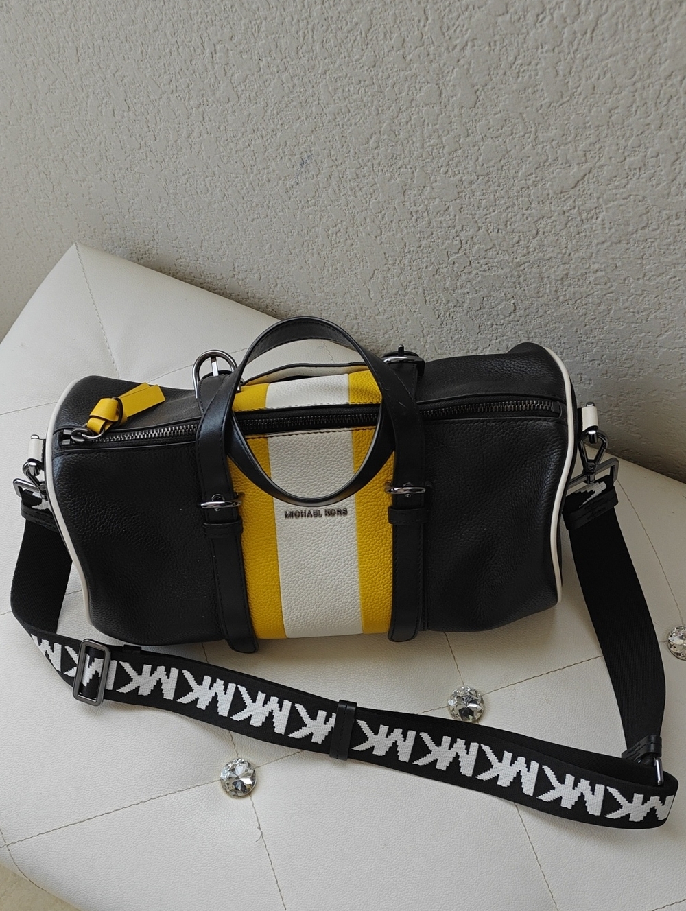 Michael Kors Black Leather Bag with Yellow & White Stripe